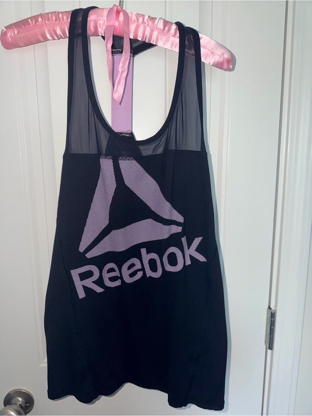 Reebok Women’s Black Tank with Lavender Logo – Athletic Mesh Workout Top